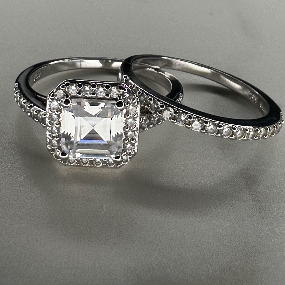 925 Sterling Silver Emerald Cut Halo CZ Bridal Wedding Ring Set Size 7